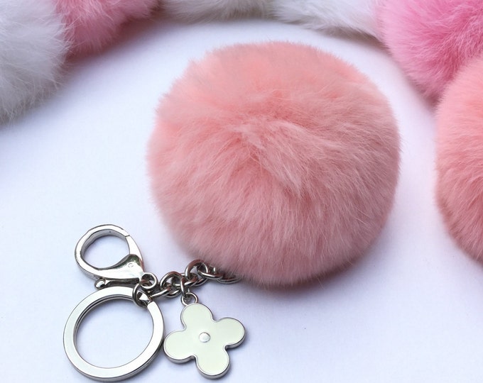 Instagram/Blogger Recommended Silver Summer Series Light Pink REX Rabbit fur pompom keychain ball with flower bag charm