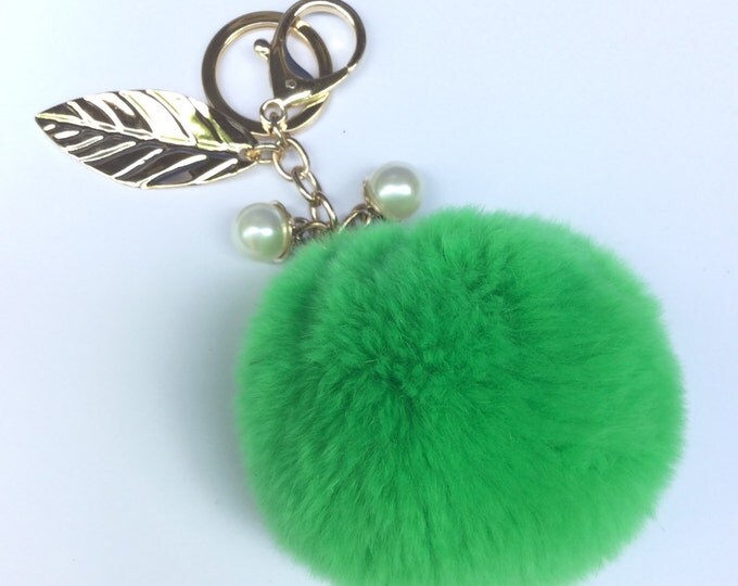 LIME pom pom keychain rex rabbit fur pompon unique bag charm in beautiful yellow color tone with leaf charm and pearls