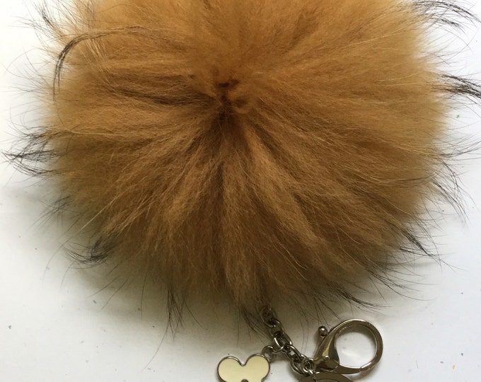 Fur Pom Pom keychain luxury bag charm pendant clover flower keychain keyring in carmel with natural tips