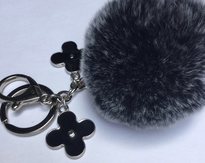 Pom-Perfect Black frosted REX Rabbit fur pom pom ball with black flower keychain