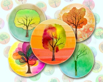 Colourful watercolor trees - 63 1x1 Inch Circle JPG images - Digital Collage Sheet