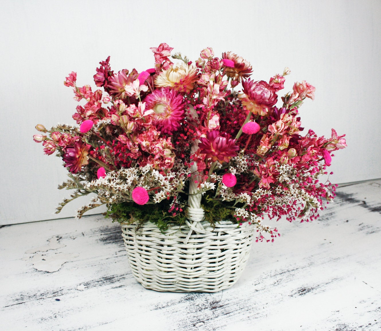 handmade shabby chic dried flower arrangement in white basket handmade shabby chic dried flower arrangement in white basket