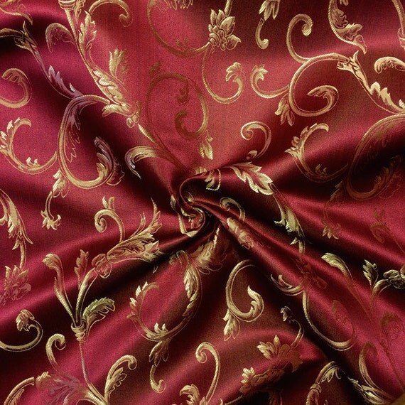 Burgundy / Gold Damask Jacquard Vine Brocade Fabric 118" By the Yard