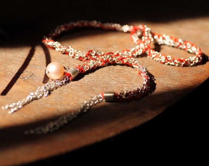 Silver bracelet - Silver pearl bracelet - boho style bracelet - Cord bracelet - Red silk thread bracelet - Unique bracelet - Hippie - gift
