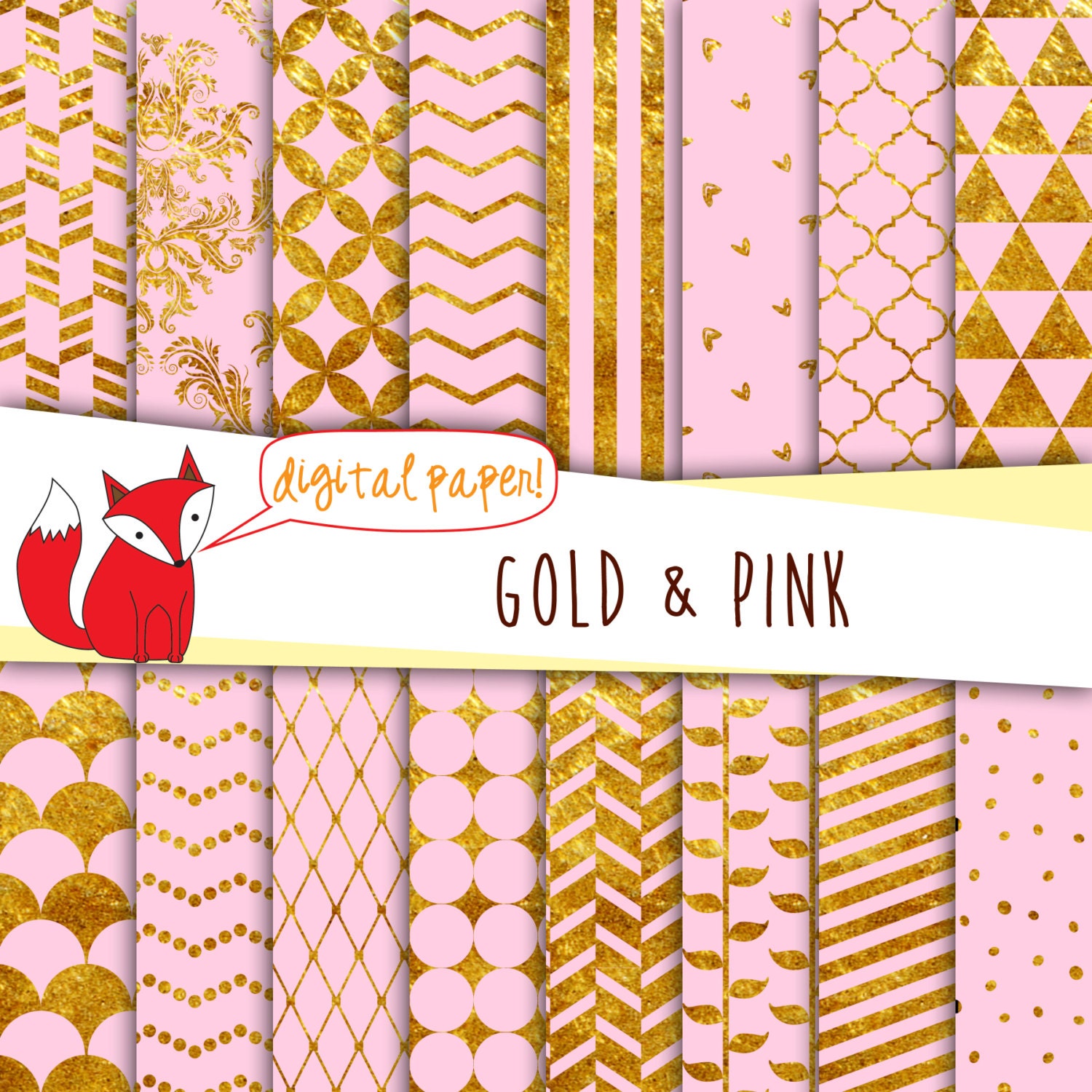 Pink and Gold Foil Digital Paper Printable Damask