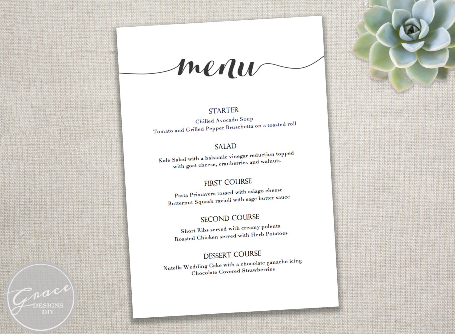 Printable Black Menu template / Calligraphy Style Script/