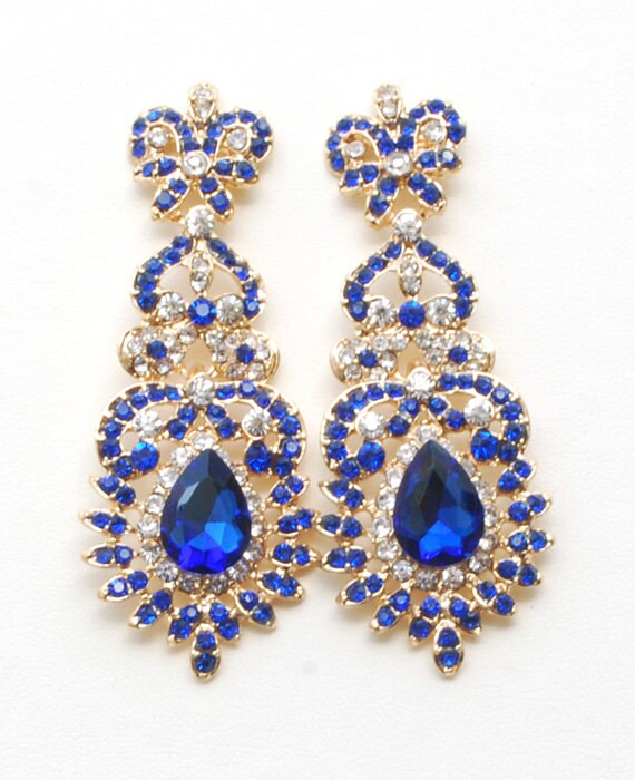 Royal Blue Gold Diamante Crystal Long Chandelier Earrings Drop