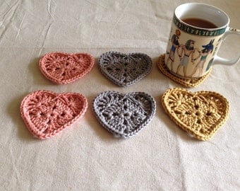 Crochet Heart shaped coasters. Six Handmade Heart Shaped Coasters