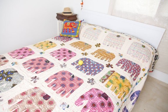 Elephant bed cover bedding, Indian elephant applique patchwork bedding ...
