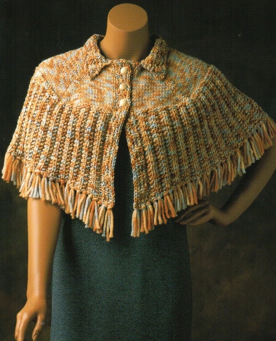 Cape Poncho Capelet Knitting Pattern Fringed Buttons Womens