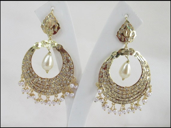 Handmade Gold Jadau Chand Bali Earrings with Pearl by Beauteshoppe