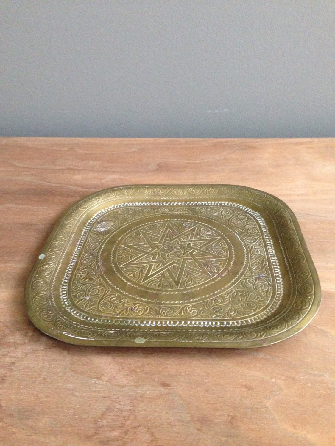 Vintage heavy brass etched square tray Haute Juice