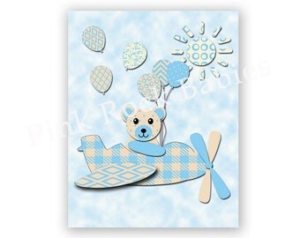 Airplane nursery wall decor aviator wall art plane artwork playroom decoration toddler gift idea blue teddy bear nursery sky blue balloons