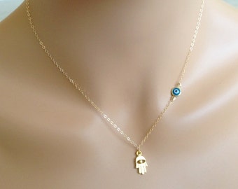 Sale!-Gold Filled Chain-Hamsa Necklace With Evil Eye Link-Gold Hamsa Necklace-Gold Filled Chain-Hand of Fatima Eye Charm-Gift