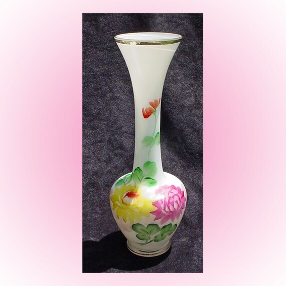 Vintage Hand Painted Milk Glass Vase Colorful Peonies