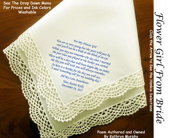 Flower Girl Gift Handkerchief ~ 0905 Sign & Date Free! 5 Flowergirl Handkerchief Styles and 8 Ink Colors. Flower Girl Hankerchief