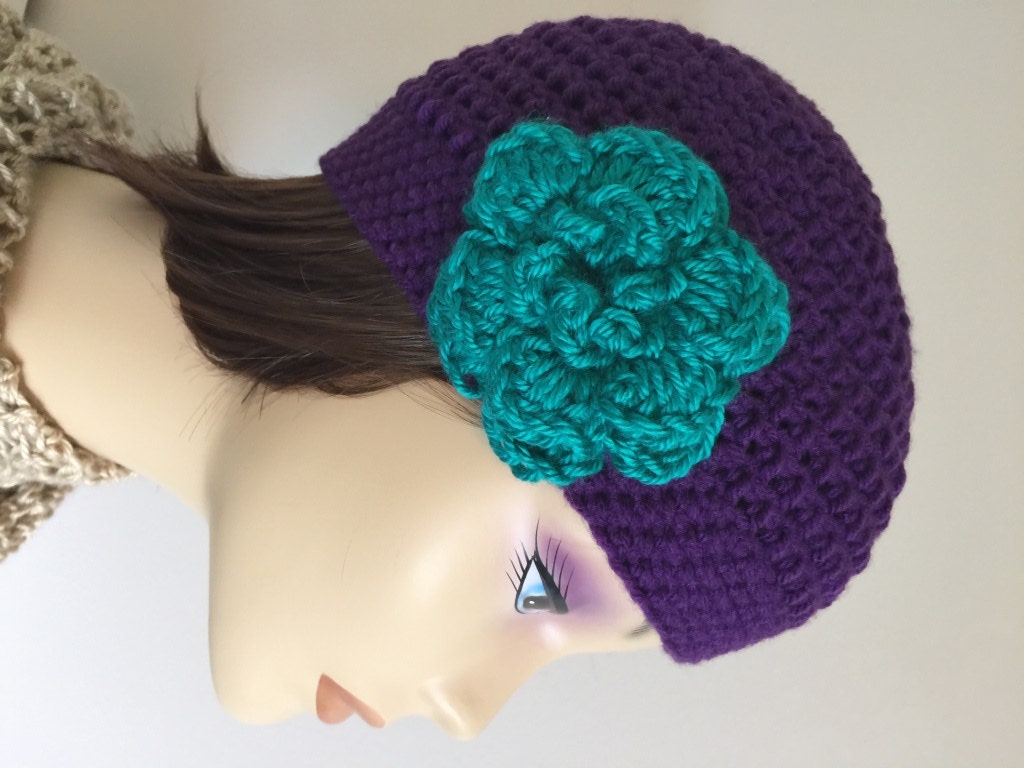 Ladies Beanie with attached flower crocheted by CrochetStyleista