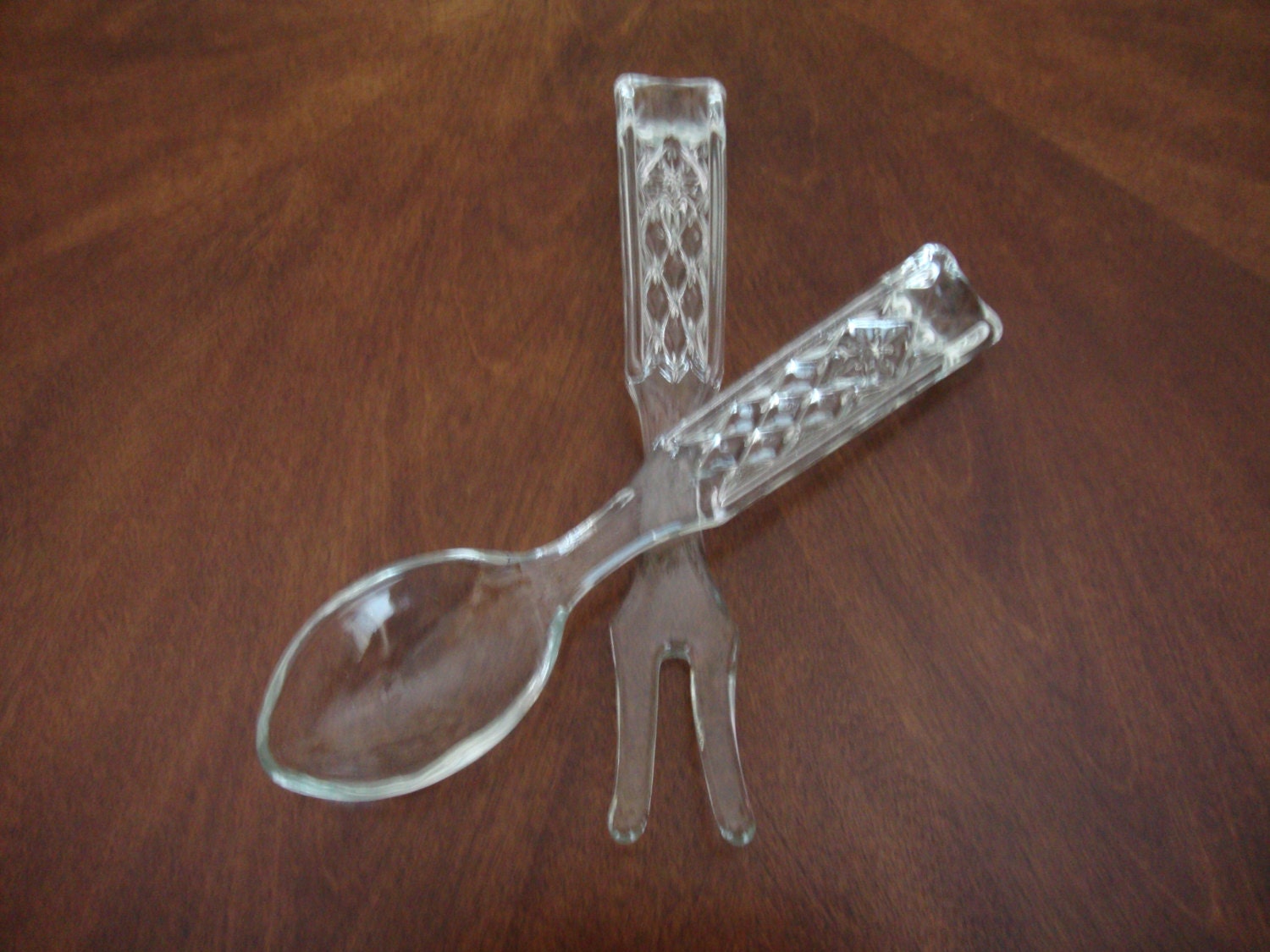 Vintage Glass Server Fork and Spoon Salad by willowcreekantiques