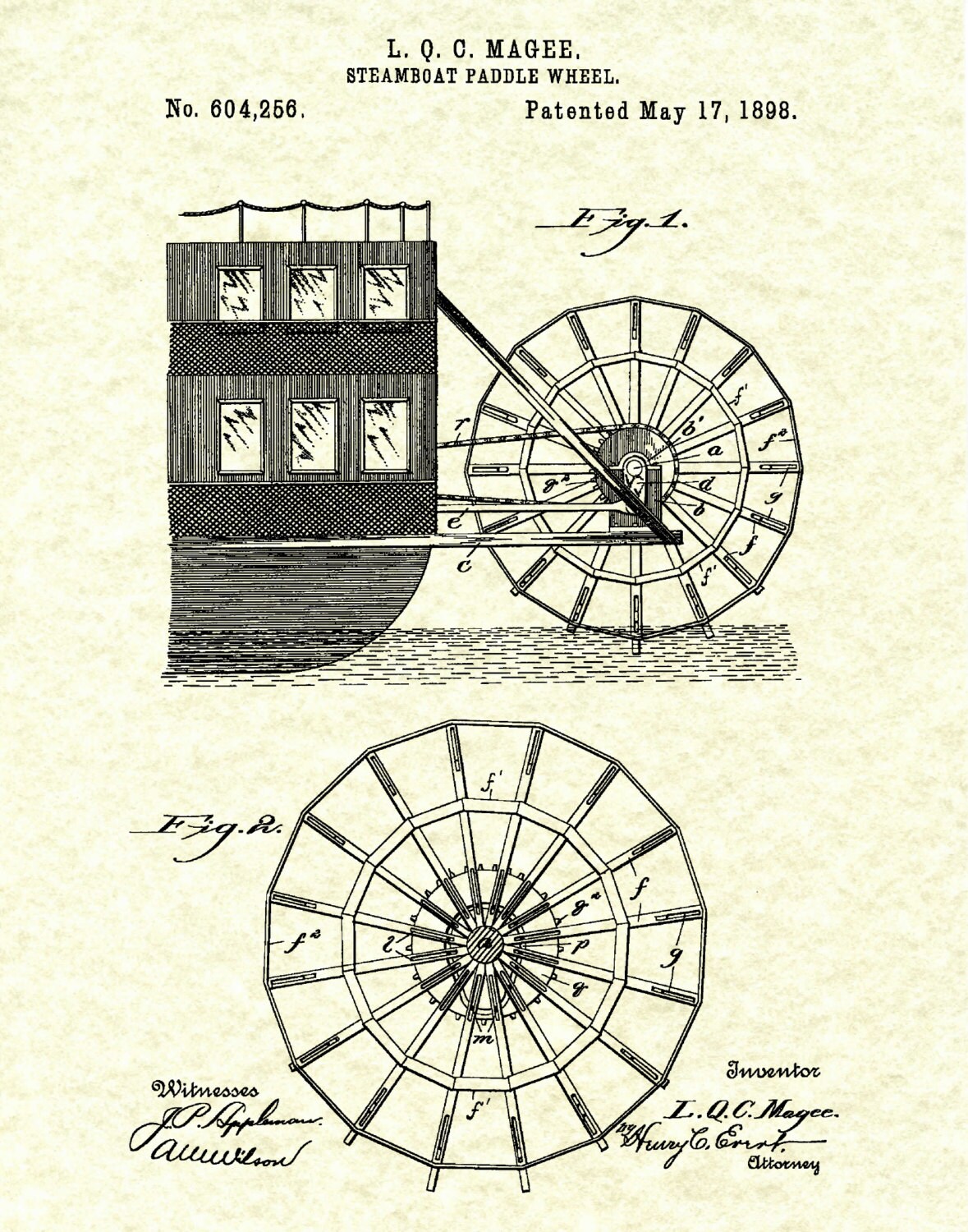 Patent 1898 Steamboat Paddle Wheel Art Print Poster Boat Ship