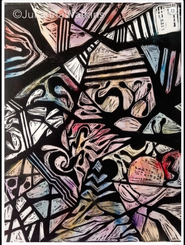 Original abstract linocut print and watercolor by JuliannaWatkins