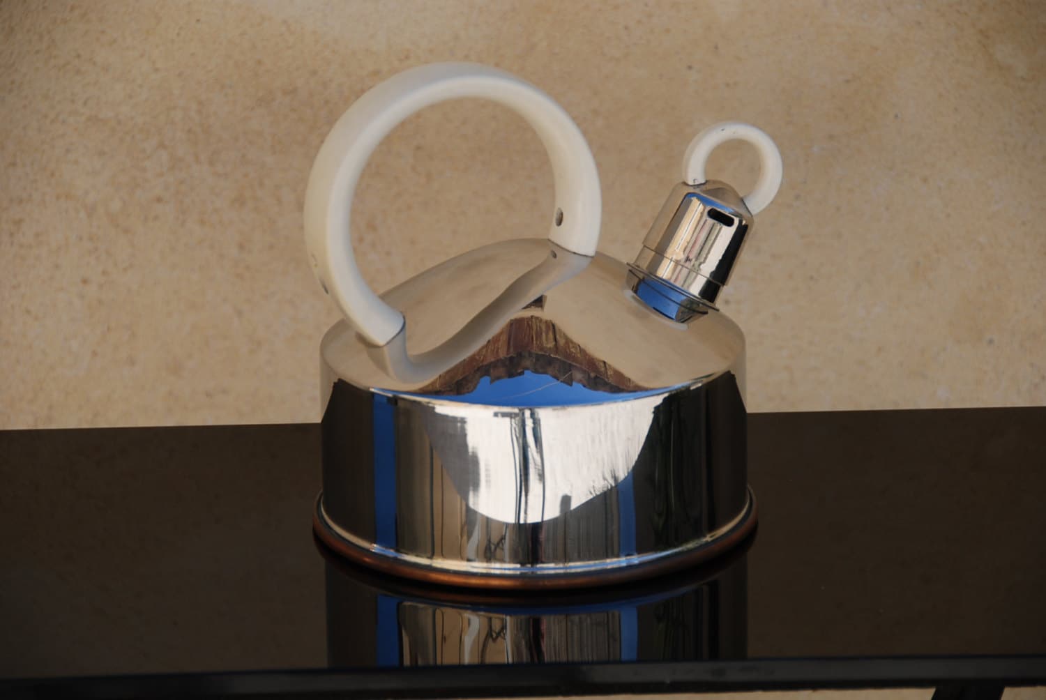 Retro German whistling tea kettle white handled silver chrome