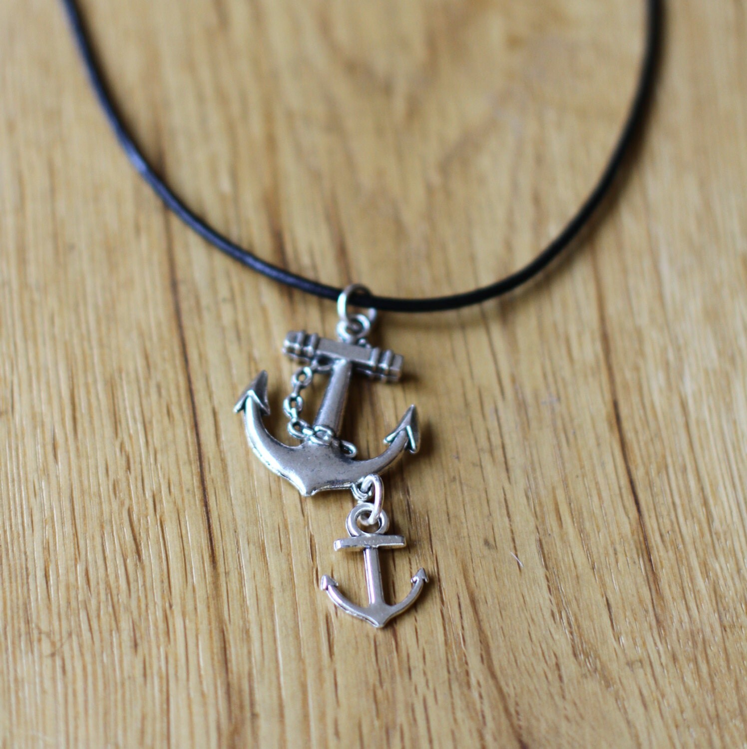 Anchor necklace with double anchor charm & leather cord