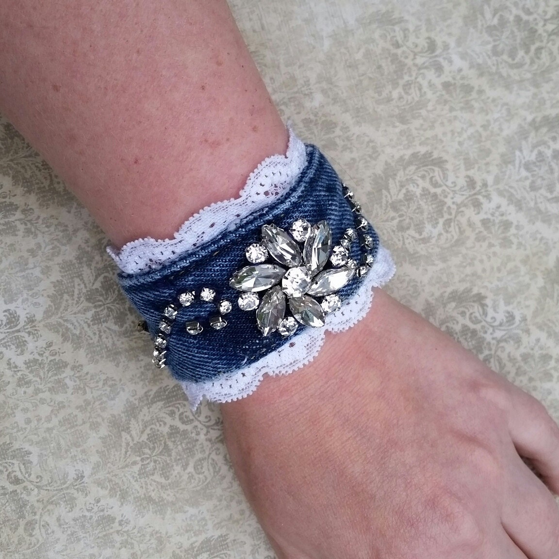 Denim cuff bracelet upcycled jeans recycled jewelry