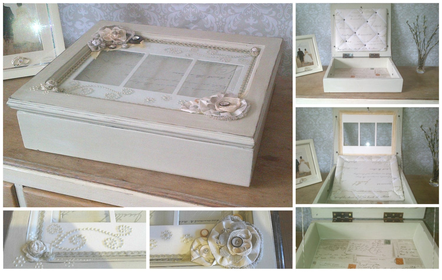 Wooden keepsake box, memory box with glass photo frame lid handcrafted with fabric flowers