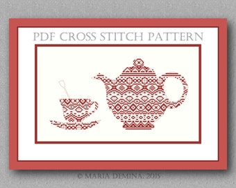 Lace kettle and cup PDF cross stitch pattern / instant download
