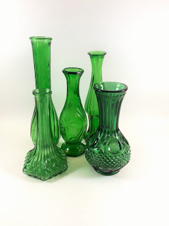 5 Unique Vintage Emerald Green Bud Vases