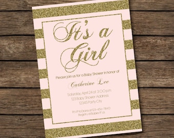 Pink & Gold Baby Shower Invitation - It's a Girl - Striped Glitter Invitation - Printable Invitation - Modern Shabby Chic Invitation