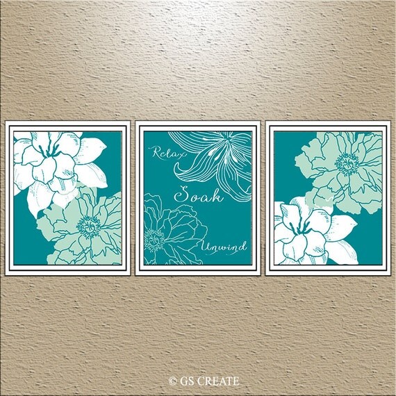 SEAFOAM TEAL WHITE Bathroom wall art Bathroom Wall Decor Daisy