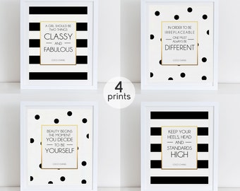 Coco Chanel Quote, Set 4 Coco Art Prints, Coco Fashion Quotes, Fashion Art Print, Instant Download, Printable Decor, Motivational Art Print