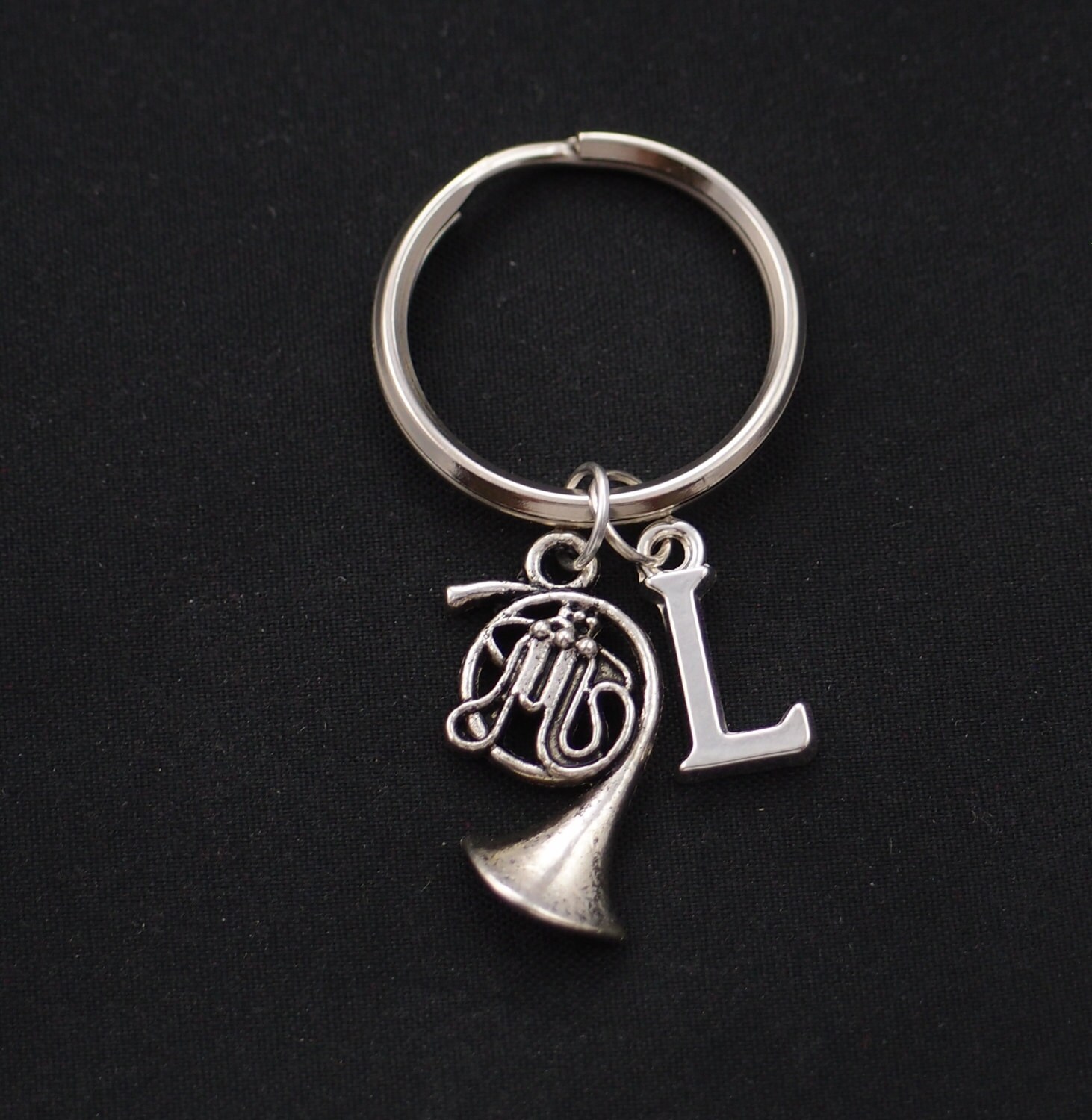 large french horn keychain sterling silver filled initial