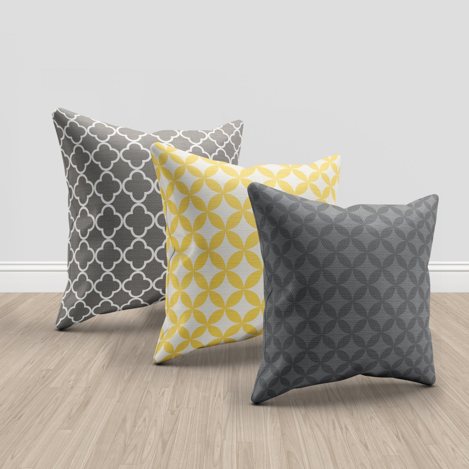3 Throw pillows set of 3 modern home decor grey yellow