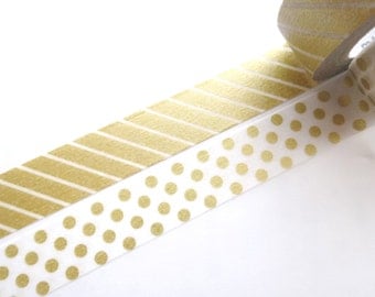 Gold washi tape set, Stripe and Dots, Gold tape, Gift wrapping, DIY wedding, Invitation decor, Japanese stationery, Birthday party, Craft