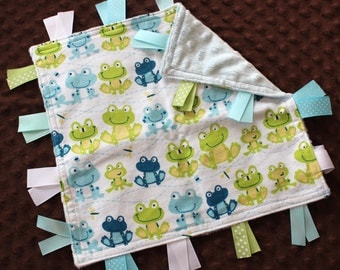Custom Personalized Tag Minky Sensory Ribbon Blanket Lovey- Frogs and Minky Dot