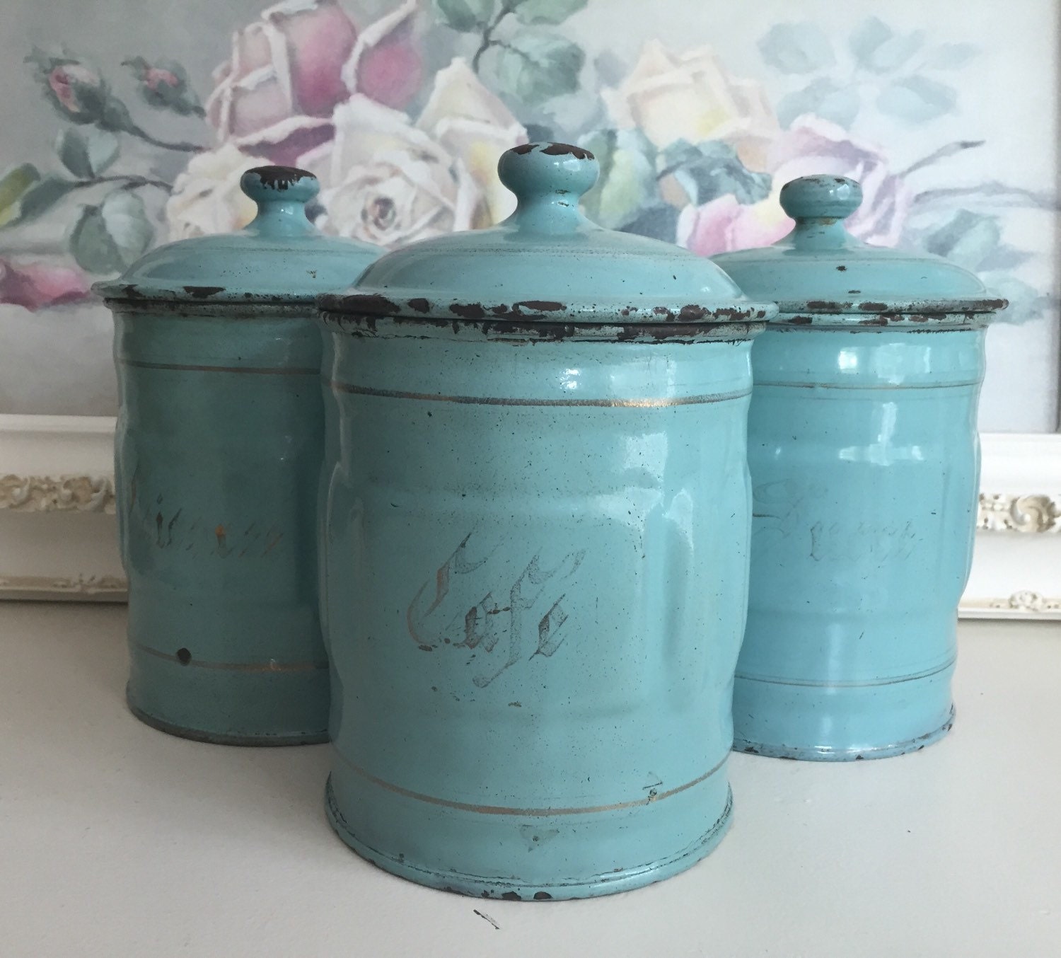 Vintage French Blue Enamel Canisters Set Of Three