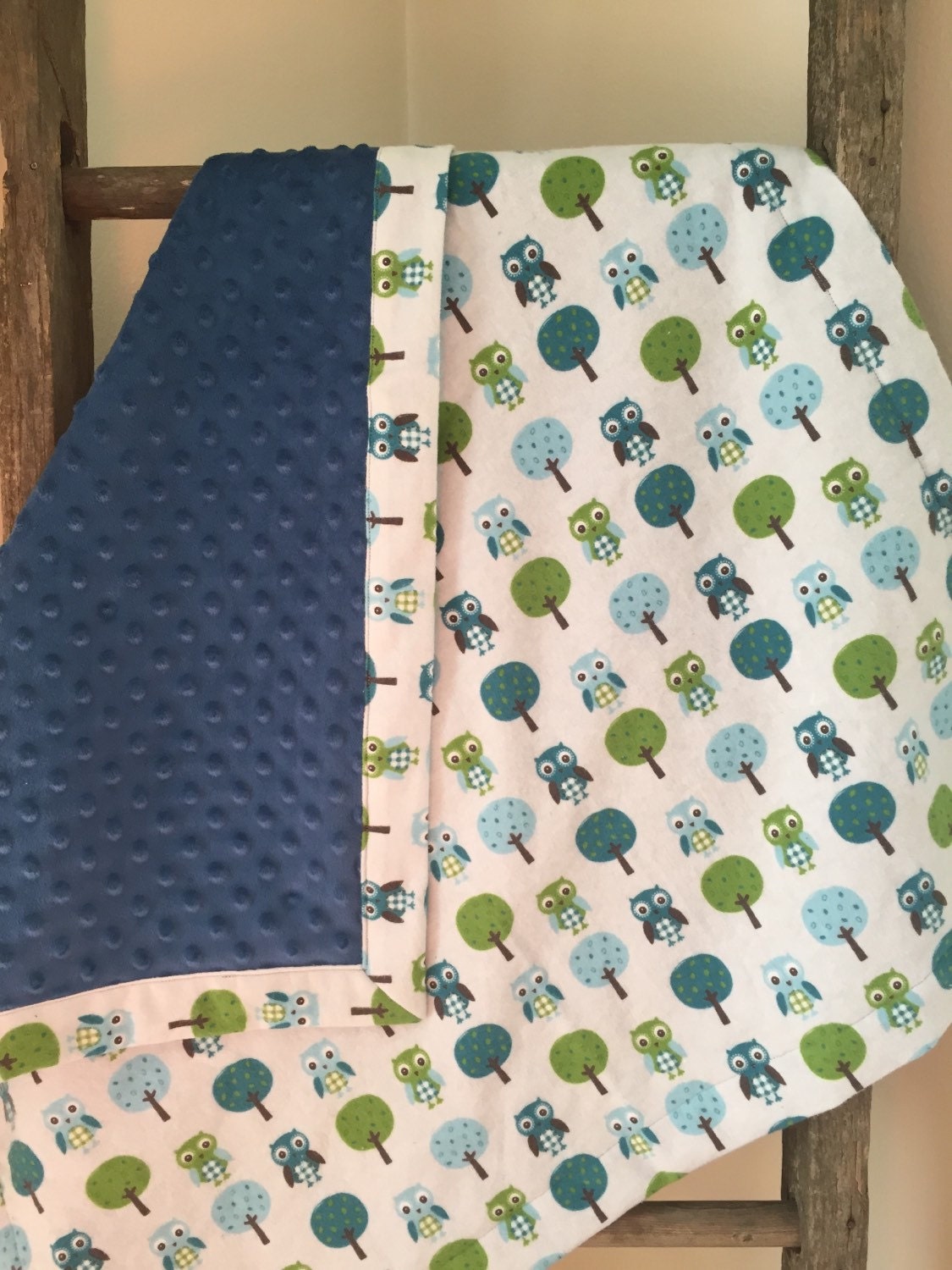 Baby Boy Owl Blanket Navy and Grey Minky Blanket Owl