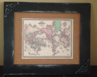 Cork World Map- Cork Board vintage inspired distressed design black 11x14 Wall art world map decoupage