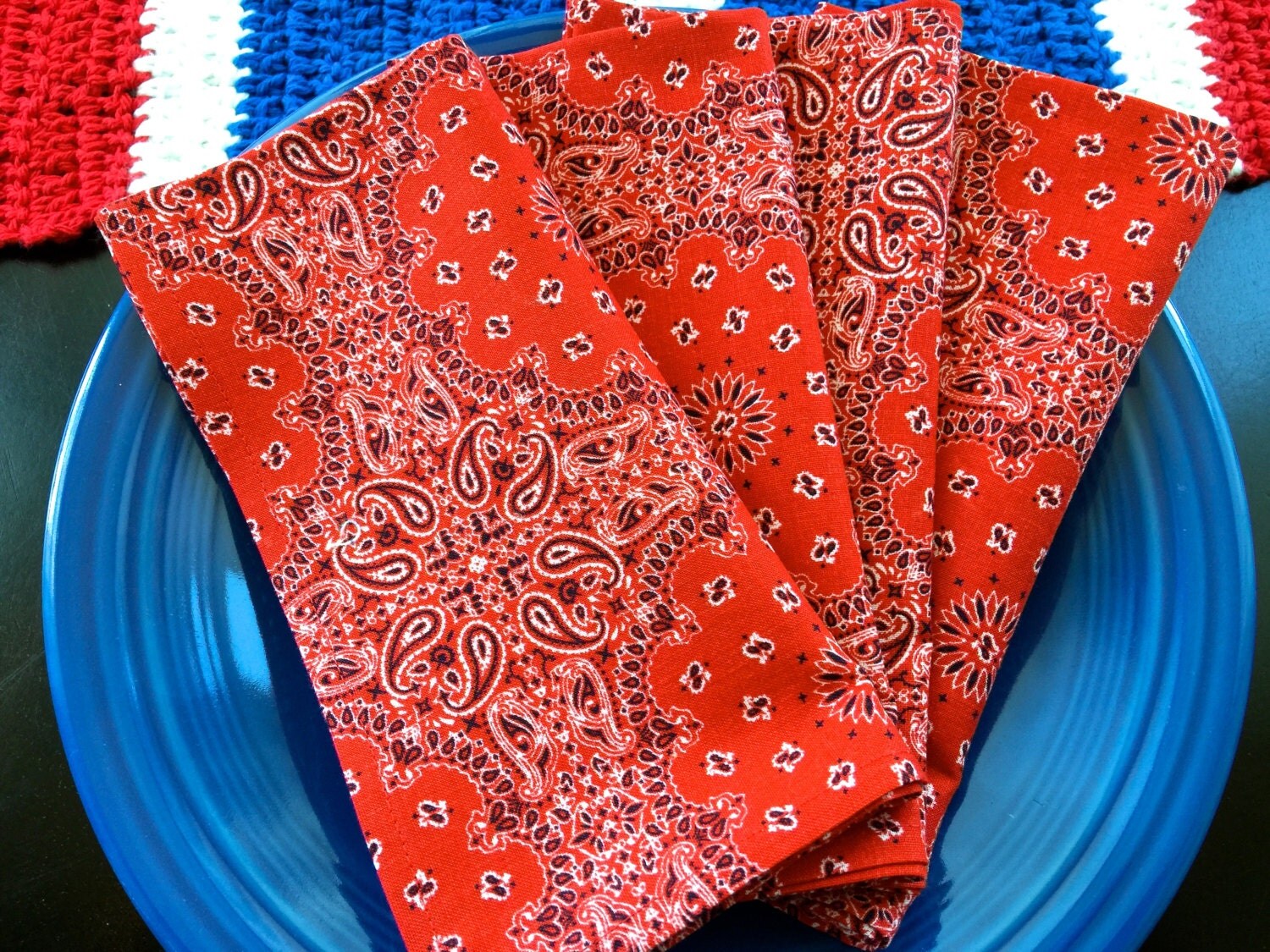 Red Bandana Napkins Set of 4. 100 Cotton Print Patriotic