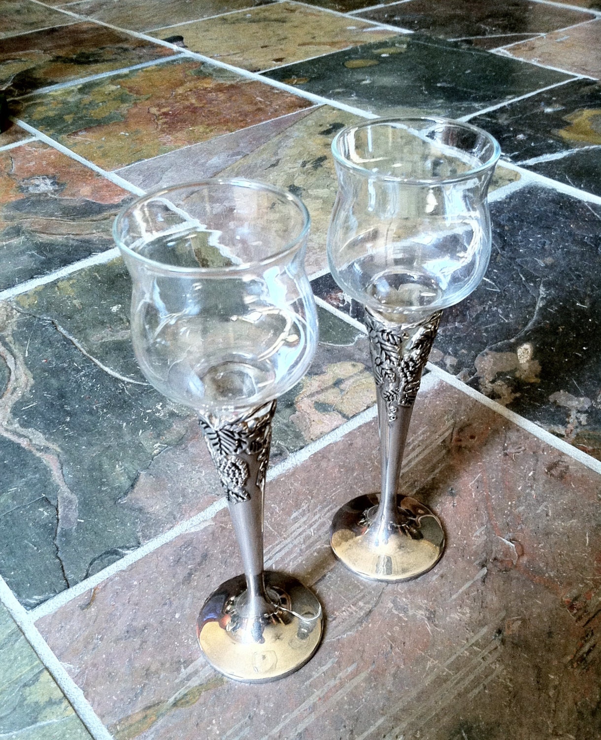 Vintage Antique Glass Metal Flutes Glasses Wine Glass Champagne Wedding Haute Juice