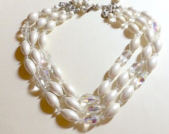 Sale Striking vintage multi strand faux pearl and crystal necklace faux pearl necklace multi strand necklace white necklace 1960s