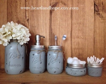 Gray Mason Jar Bathroom Set .Gray Mason Jars .Painted Mason Jars .Mason Jar Soap Dispenser .Painted and Distressed Mason Jars . Rustic Decor