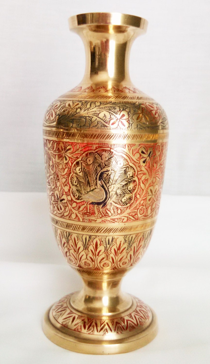 Brass Etched and hand painted Peacock Vase
