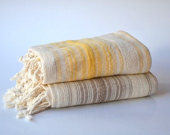 2 LINEN PESHTEMAL - Turkish Linen Towel / Bridesmaid Gift / Wedding Gift / Gift Idea / Housewarming Gift / yellow beige ecru stripes