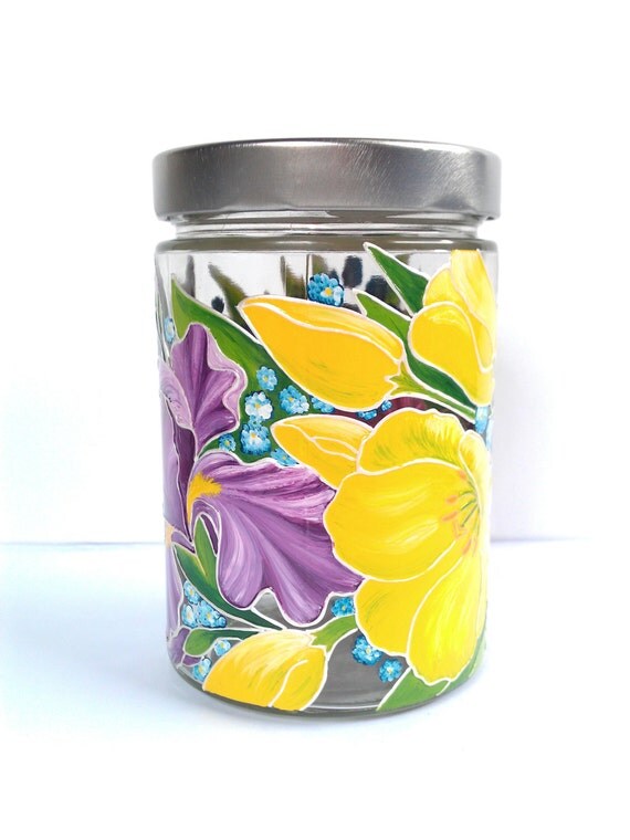 Hand painted glass jar Hand painted jar Painted glass Painted glassware