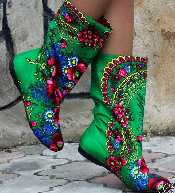 Green women's boots ukrainian ethnic style folk floral