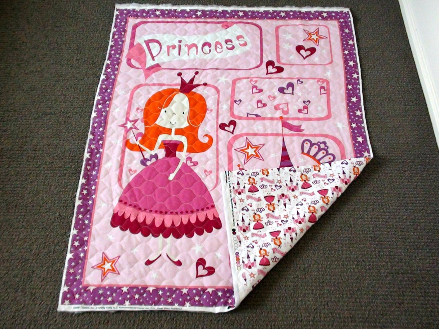 Princess pre quilted fabric panel. Girls nursery cot panel.