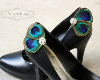 Peacock Shoe Clip Set, shoe clips, bridal clips, bridal shoe accessories, bridemaids shoe clips